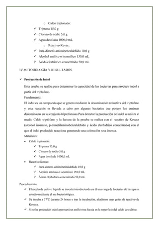 o Caldo triptonado:
✓ Triptona 15,0 g
✓ Cloruro de sodio 5,0 g
✓ Agua destilada 1000,0 mL
o Reactivo Kovac:
✓ Para-dimetil-aminobenzaldehído 10,0 g
✓ Alcohol amílico o isoamílico 150,0 mL
✓ Ácido clorhídrico concentrado 50,0 mL
IV.METODOLOGIA Y RESULTADOS
✓ Producción de Indol
Esta prueba se realiza para determinar la capacidad de las bacterias para producir indol a
partir del triptófano.
Fundamento:
El indol es un compuesto que se genera mediante la desaminación reductiva del triptófano
y esta reacción es llevada a cabo por algunas bacterias que poseen las enzimas
denominadas en su conjunto triptofanasas.Para detectar la producción de indol se utiliza el
medio Caldo triptófano y la lectura de la prueba se realiza con el reactivo de Kovacs
(alcohol isoamilo, p-dimetilaminobenzaldehído y ácido clorhídrico concentrado) con el
que el indol producido reacciona generando una coloración rosa intensa.
Materiales:
• Caldo triptonado:
✓ Triptona 15,0 g
✓ Cloruro de sodio 5,0 g
✓ Agua destilada 1000,0 mL
• Reactivo Kovac:
✓ Para-dimetil-aminobenzaldehído 10,0 g
✓ Alcohol amílico o isoamílico 150,0 mL
✓ Ácido clorhídrico concentrado 50,0 mL
Procedimiento:
✓ El medio de cultivo líquido se inocula introduciendo en él una carga de bacterias de la cepa en
estudio mediante el asa bacteriológica.
✓ Se incuba a 37ºC durante 24 horas y tras la incubación, añadimos unas gotas de reactivo de
Kovacs.
✓ Si se ha producido indol aparecerá un anillo rosa fucsia en la superficie del caldo de cultivo.
 