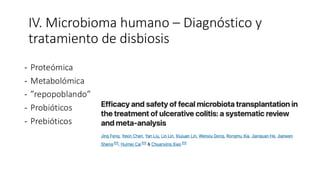 - Proteómica
- Metabolómica
- ”repopoblando”
- Probióticos
- Prebióticos
IV. Microbioma humano – Diagnóstico y
tratamiento de disbiosis
 