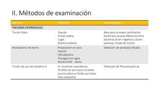 II. Métodos de examinación
MÉTODO PRINCIPIO APLICACIONES
TINCIONES DIFERENCIALES
Tinción Gram Fijación
Cristal violeta
Lugol
Alcohol acetona
Base para la mayor clasificación
bacteriana ya que diferencia entre
bacterias Gram negativas y Gram
positivas. Grado de tinción
Hematoxilina de hierro Preparación en seco
Fijación
Hematoxilina
Enjuague con agua
Alcohol 95% - xileno
Detección de protozoos fecales
Tinción de azul de toluidina O En muestras respiratorias
Se tiñen de azul rojizo a violeta
oscuro sobre un fondo azul claro
Poco específica
Detección de Pneumocystis sp.
 
