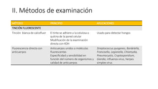 II. Métodos de examinación
MÉTODO PRINCIPIO APLICACIONES
TINCIÓN FLUORESCENTE
Tinción blanca de calcofluor El tinte se adhiere a la celulosa o
quitina de la pared celular
Modificación de la examinación
directa con KOH
Usado para detectar hongos
Fluorescencia directa con
anticuerpos
Anticuerpos unidos a moléculas
fluorescentes
Especificidad y sensibilidad en
función del número de organismos y
calidad de anticuerpos
Streptococcus pyogenes, Bordetella,
Francisella, Legionella, Chlamydia,
Pneumocystis, Cryptosporidium,
Giardia, influenza virus, herpes
simplex virus
 