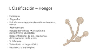 II. Clasificación – Hongos
- Eucariotas
- Organelos
- Unicelulares – importancia médica – levaduras,
mohos
- Reproducción
- Hongos dismórficos ➝ Histoplasma,
Blastomyces y Coccidiodes
- Desde infecciones de piel, neumonias,
deformaciones hasta sepsis
- SI deficiente
- Tratamiento ➝ largo y tóxico
- Resistencia a antifúngicos
 