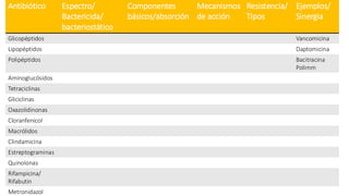 Antibiótico Espectro/
Bactericida/
bacteriostático
Componentes
básicos/absorción
Mecanismos
de acción
Resistencia/
Tipos
Ejemplos/
Sinergia
Glicopéptidos Vancomicina
Lipopéptidos Daptomicina
Polipéptidos Bacitracina
Polimm
Aminoglucósidos
Tetraciclinas
Gliciclinas
Oxazolidinonas
Cloranfenicol
Macrólidos
Clindamicina
Estreptograminas
Quinolonas
Rifampicina/
Rifabutin
Metronidazol
 