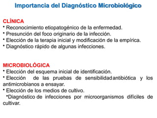 Importancia del Diagnóstico Microbiológico
CLÍNICA
• Reconocimiento etiopatogénico de la enfermedad.
• Presunción del foco originario de la infección.
• Elección de la terapia inicial y modificación de la empírica.
• Diagnóstico rápido de algunas infecciones.
MICROBIOLÓGICA
• Elección del esquema inicial de identificación.
• Elección de las pruebas de sensibilidadantibiótica y los
antimicrobianos a ensayar.
• Elección de los medios de cultivo.
•Diagnóstico de infecciones por microorganismos difíciles de
cultivar.
 