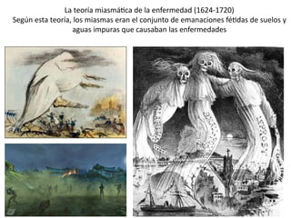 La teoría miasmática de la enfermedad (1624-1720)
Según esta teoría, los miasmas eran el conjunto de emanaciones fétidas de suelos y
aguas impuras que causaban las enfermedades
 