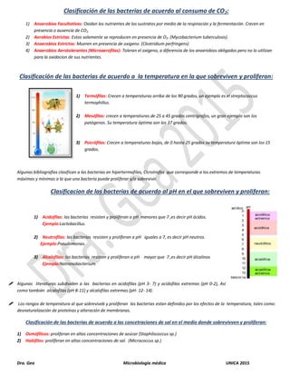 Dra. Gea Microbiología médica UNICA 2015
Clasificación de las bacterias de acuerdo al consumo de CO2:
1) Anaerobias Facultativas: Oxidan los nutrientes de los sustratos por medio de la respiración y la fermentación. Crecen en
presencia o ausencia de CO2.
2) Aerobios Estrictas: Estos solamente se reproducen en presencia de O2. (Mycobacterium tuberculosis).
3) Anaerobios Estrictos: Mueren en presencia de oxigeno. (Clostridium perfringens)
4) Anaerobios Aerotolerantes (Microaerofilas): Toleran el oxigeno, a diferencia de los anaerobios obligados pero no lo utilizan
para la oxidacion de sus nutrientes.
Clasificación de las bacterias de acuerdo a la temperatura en la que sobreviven y proliferan:
1) Termófilas: Crecen a temperaturas arriba de los 90 grados, un ejemplo es el streptococcus
termophillus.
2) Mesófilas: crecen a temperaturas de 25 a 45 grados centrígrafos, un gran ejemplo son los
patógenos. Su temperatura óptima son los 37 grados.
3) Psicrófilas: Crecen a temperaturas bajas, de 0 hasta 25 grados su temperatura óptima son los 15
grados.
Algunas bibliografías clasifican a las bacterias en hipertermofilas, Cicrotrofos que corresponde a los extremos de temperaturas
máximas y mínimas a la que una bacteria puede proliferar y/o sobrevivir.
Clasificacion de las bacterias de acuerdo al pH en el que sobreviven y proliferan:
1) Acidofilas: las bacterias resisten y proliferan a pH menores que 7 ,es decir pH ácidos.
Ejemplo:Lactobacillus.
2) Neutrofilas: las bacterias resisten y proliferan a pH iguales a 7, es decir pH neutros.
Ejemplo:Pseudomonas.
3) Alcalofilas: las bacterias resisten y proliferan a pH mayor que 7 ,es decir pH álcalinos
Ejemplo:Natronobacterium.
 Algunas literaturas subdividen a las bacterias en acidofilas (pH 3- 7) y acidofilas extremas (pH 0-2), Así
como también alcalofilas (pH 8-11) y alcalofilas extremas (pH- 12- 14).
 Los rangos de temperatura al que sobreviveb y proliferan las bacterias estan definidos por los efectos de la temperatura, tales como:
desnaturalización de proteínas y alteración de membranas.
Clasificación de las bacterias de acuerdo a las concetraciones de sal en el medio donde sobrevivven y proliferan:
1) Osmófilicos: proliferan en altas concentraciones de azúcar (Staphilococcus sp.)
2) Halófilos: proliferan en altas concentraciones de sal. (Micrococcus sp.)
 