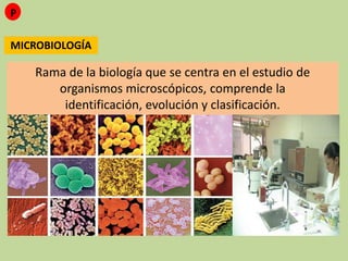 MICROBIOLOGÍA
P
Rama de la biología que se centra en el estudio de
organismos microscópicos, comprende la identificación,
evolución y clasificación.
 