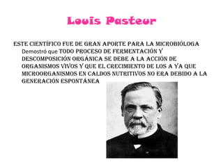 Louis PasteurEste científico fue de gran aporte para la microbióloga Demostró que todo proceso de fermentación y descomposición orgánica se debe a la acción de organismos vivos y que el crecimiento de los a ya que microorganismos en caldos nutritivos no era debido a la generación espontánea 