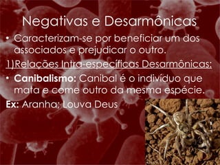 Negativas e Desarmônicas Caracterizam-se por beneficiar um dos associados e prejudicar o outro. 1)Relações Intra-específicas Desarmônicas: Canibalismo:  Canibal é o indivíduo que mata e come outro da mesma espécie. Ex:  Aranha; Louva Deus  
