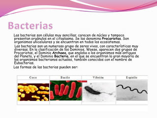 Las bacterias son células muy sencillas; carecen de núcleo y tampoco
presentan orgánulos en el citoplasma. Se las denomina Procariotas. Son
organismos unicelulares y se encuentran en todos los ecosistemas.
 Las bacterias son un numeroso grupo de seres vivos, con características muy
diversas. En la clasificación de los Dominios, Woese, aparecen dos grupos de
Procariotas, el Dominio Archaea, que engloba a los organismos más antiguos
del Planeta, y el Dominio Bacteria, en el que se encuentran la gran mayoría de
los organismos bacterianos actuales, también conocidos con el nombre de
Eubacterias.
Las formas de las bacterias pueden ser:
 