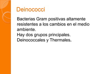 Deinococci
Bacterias Gram positivas altamente
resistentes a los cambios en el medio
ambiente.
Hay dos grupos principales.
Deinococcales y Thermales.
 