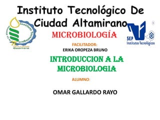 Instituto Tecnológico De
Ciudad Altamirano
Microbiología
INTRODUCCION A LA
MICROBIOLOGIA
OMAR GALLARDO RAYO
ALUMNO:
FACILITADOR:
ERIKA OROPEZA BRUNO
 