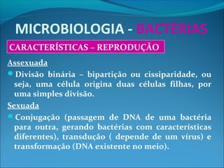 MICROBIOLOGIA - BACTÉRIAS
CARACTERÍSTICAS – REPRODUÇÃO
Assexuada
Divisão binária – bipartição ou cissiparidade, ou
seja, uma célula origina duas células filhas, por
uma simples divisão.
Sexuada
Conjugação (passagem de DNA de uma bactéria
para outra, gerando bactérias com características
diferentes), transdução ( depende de um vírus) e
transformação (DNA existente no meio).
 