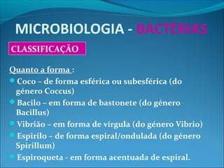 MICROBIOLOGIA - BACTÉRIAS
Quanto a forma :
Coco – de forma esférica ou subesférica (do
género Coccus)
Bacilo – em forma de bastonete (do género
Bacillus)
Vibrião – em forma de vírgula (do género Vibrio)
Espirilo – de forma espiral/ondulada (do género
Spirillum)
Espiroqueta - em forma acentuada de espiral.
CLASSIFICAÇÃO
 