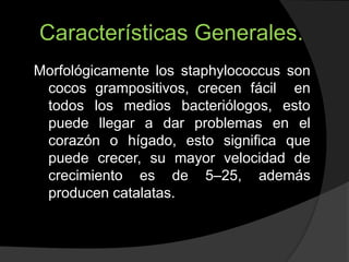Características Generales.
Morfológicamente los staphylococcus son
cocos grampositivos, crecen fácil en
todos los medios bacteriólogos, esto
puede llegar a dar problemas en el
corazón o hígado, esto significa que
puede crecer, su mayor velocidad de
crecimiento es de 5–25, además
producen catalatas.
 