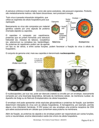 Microbiologia - Prof. Américo Focesi Pelicioni - 28/2/2019 Página 45 de 51
A estrutura viriônica é muito simples: como são seres acelulares, não possuem organelas. Portanto,
são metabolicamente inativos: não fazem biossíntese, nem produzem energia.
Todo vírus é parasita intracelular obrigatório, que
utiliza as organelas da célula hospedeira para sua
replicação.
Basicamente os vírus são compostos por material
genético coberto por uma cápsula de proteína
chamada cápside ou capsídeo.
O capsídeo é composto por capsômeros,
proteínas que se juntam formando uma estrutura
helicoidal (ex. mosaico do tabaco), icosaédrica
(ex. adenovírus) ou complexa (ex. bacteriófago).
As proteínas do capsômero podem ser de apenas
um tipo ou de vários, e entre outras funções, podem favorecer a fixação do vírus à célula do
hospedeiro.
O conjunto do genoma viral, mais seu capsídeo é denominado nucleocapsídeo.
O nucleocapsídeo, por sua vez, pode ser desnudo (naked) ou envolto por um envelope, basicamente
composto por uma bicamada lipoprotéica, derivada da membrana celular, da membrana nuclear, do
Aparelho de Golgi ou do Retículo Endoplasmático da célula hospedeira.
O envelope viral pode apresentar ainda espículas glicoprotéicas e proteínas de fixação, que também
determinam interações do vírus com as células hospedeiras. A hemaglutinina, por exemplo, permite
alguns vírus infectarem hemácias. O HIV possui em seu envelope uma proteína receptora de CD4
que adere exclusivamente em células que contenham essa proteína na membrana.
Além de fixação, as proteínas da cápside e do envelope podem ser responsáveis por outras funções,
como a neuramidase, enzima relacionada à saída dos vírions da célula hospedeira.
 