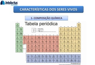 CARACTERÍSTICAS DOS SERES VIVOS
1- COMPOSIÇÃO QUÍMICA
 