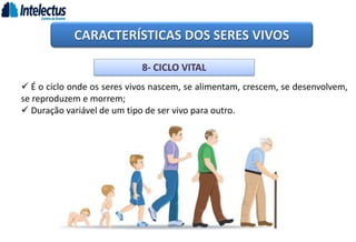 CARACTERÍSTICAS DOS SERES VIVOS
8- CICLO VITAL
 É o ciclo onde os seres vivos nascem, se alimentam, crescem, se desenvolvem,
se reproduzem e morrem;
 Duração variável de um tipo de ser vivo para outro.
 