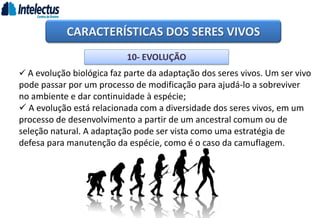 CARACTERÍSTICAS DOS SERES VIVOS
10- EVOLUÇÃO
 A evolução biológica faz parte da adaptação dos seres vivos. Um ser vivo
pode passar por um processo de modificação para ajudá-lo a sobreviver
no ambiente e dar continuidade à espécie;
 A evolução está relacionada com a diversidade dos seres vivos, em um
processo de desenvolvimento a partir de um ancestral comum ou de
seleção natural. A adaptação pode ser vista como uma estratégia de
defesa para manutenção da espécie, como é o caso da camuflagem.
 