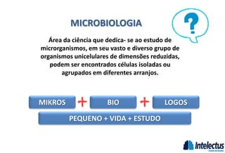 MICROBIOLOGIA
Área da ciência que dedica- se ao estudo de
microrganismos, em seu vasto e diverso grupo de
organismos unicelulares de dimensões reduzidas,
podem ser encontrados células isoladas ou
agrupados em diferentes arranjos.
MIKROS BIO LOGOS
PEQUENO + VIDA + ESTUDO
 