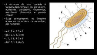 • A estrutura de uma bactéria é
formada basicamente por plasmídeo,
nucleoide, citoplasma, ribossomos,
membrana plasmática e parede
celular.
• Esses componentes na imagem
acima correspondem, nessa ordem,
aos números:
• a) 2, 3, 4, 5, 9 e 7
• b) 3, 2, 5, 1, 4 e 8
• c) 1, 2, 8, 3, 7 e 6
• d) 2, 3, 1, 4, 8 e 5
 