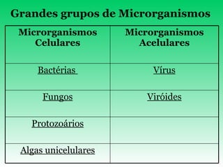 Grandes grupos de Microrganismos Algas unicelulares Protozoários Viróides Fungos Vírus Bactérias  Microrganismos Acelulares Microrganismos Celulares 