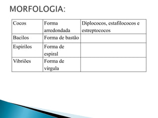 Cocos       Forma           Diplococos, estafilococos e
            arredondada     estreptococos
Bacilos     Forma de bastão
Espirilos   Forma de
            espiral
Vibriões    Forma de
            vírgula
 