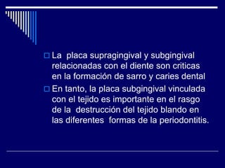  La placa supragingival y subgingival
relacionadas con el diente son criticas
en la formación de sarro y caries dental
 En tanto, la placa subgingival vinculada
con el tejido es importante en el rasgo
de la destrucción del tejido blando en
las diferentes formas de la periodontitis.
 