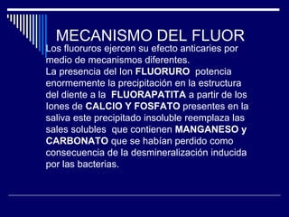 MECANISMO DEL FLUOR
Los fluoruros ejercen su efecto anticaries por
medio de mecanismos diferentes.
La presencia del Ion FLUORURO potencia
enormemente la precipitación en la estructura
del diente a la FLUORAPATITA a partir de los
Iones de CALCIO Y FOSFATO presentes en la
saliva este precipitado insoluble reemplaza las
sales solubles que contienen MANGANESO y
CARBONATO que se habían perdido como
consecuencia de la desmineralización inducida
por las bacterias.
 