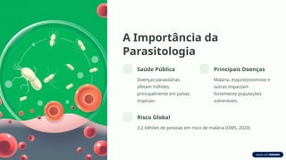 A Importância da
Parasitologia
Saúde Pública
Doenças parasitárias
afetam milhões,
principalmente em países
tropicais.
Principais Doenças
Malária, esquistossomose e
outras impactam
fortemente populações
vulneráveis.
Risco Global
3,2 bilhões de pessoas em risco de malária (OMS, 2020).
 