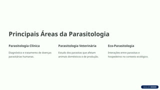 Principais Áreas da Parasitologia
Parasitologia Clínica
Diagnóstico e tratamento de doenças
parasitárias humanas.
Parasitologia Veterinária
Estudo dos parasitas que afetam
animais domésticos e de produção.
Eco-Parasitologia
Interações entre parasitas e
hospedeiros no contexto ecológico.
 