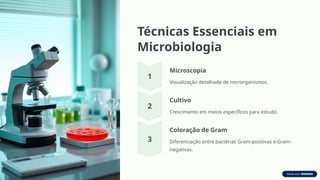 Técnicas Essenciais em
Microbiologia
Microscopia
Visualização detalhada de microrganismos.
Cultivo
Crescimento em meios específicos para estudo.
Coloração de Gram
Diferenciação entre bactérias Gram-positivas e Gram-
negativas.
 