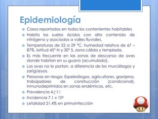 Epidemiología
   Casos reportados en todos los contenientes habitables
   Habita los suelos ácidos con alto contenido de
    nitrógeno y asociados a valles fluviales.
   Temperaturas de 22 a 29 °C, humedad relativa de 67 –
    87%, latitud 45° N y 30° S, zona cálida y templada.
   Es más frecuente en las zonas de descanso de aves
    donde habitan en su guano (acumulado).
   Las aves no lo portan, a diferencia de los murciélagos y
    zarigüeyas.
   Personas en riesgo: Espeleólogos, agricultores, granjeros,
    trabajadores       de      construcción      (condicional),
    inmunodeprimidos en zonas endémicas, etc.
   Prevalencia 4♂:1♀
   Incidencia 7.1 x 106
   Letalidad 21.4% en primoinfección
 