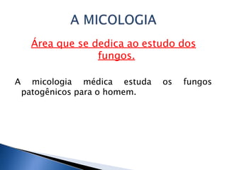 Área que se dedica ao estudo dos
fungos.
A micologia médica estuda os fungos
patogênicos para o homem.
 