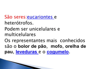 São seres:eucariontes e
heterótrofos.
Podem ser unicelulares e
multicelulares
Os representantes mais conhecidos
são o bolor de pão, mofo, orelha de
pau, leveduras e o cogumelo.
 