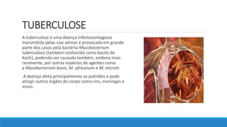 TUBERCULOSE
A tuberculose é uma doença infectocontagiosa
transmitida pelas vias aéreas e provocada em grande
parte dos casos pela bactéria Mycobacterium
tuberculosis (também conhecida como bacilo de
Koch), podendo ser causada também, embora mais
raramente, por outras espécies de agentes como
a Mycobacterium bovis, M. africanum e M. microti.
A doença afeta principalmente os pulmões e pode
atingir outros órgãos do corpo como rins, meninges e
ossos.
 