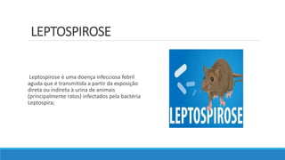 LEPTOSPIROSE
Leptospirose é uma doença infecciosa febril
aguda que é transmitida a partir da exposição
direta ou indireta à urina de animais
(principalmente ratos) infectados pela bactéria
Leptospira;
 