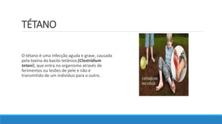 TÉTANO
O tétano é uma infecção aguda e grave, causada
pela toxina do bacilo tetânico (Clostridium
tetani), que entra no organismo através de
ferimentos ou lesões de pele e não é
transmitido de um indivíduo para o outro.
 
