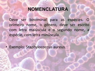 NOMENCLATURA
Deve ser binominal para as espécies. O
primeiro nome, o gênero, deve ser escrito
com letra maiúscula e o segundo nome, a
espécie, com letra minúscula.
• Exemplo: Staphylococcus aureus.
 