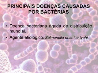 PRINCIPAIS DOENÇAS CAUSADAS
POR BACTÉRIAS
• Doença bacteriana aguda de distribuição
mundial.
• Agente etiológico: Salmonella enterica typhi.
 
