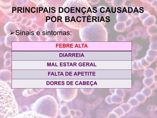 PRINCIPAIS DOENÇAS CAUSADAS
POR BACTÉRIAS
Sinais e sintomas:
FEBRE ALTA
DIARREIA
MAL ESTAR GERAL
FALTA DE APETITE
DORES DE CABEÇA
 