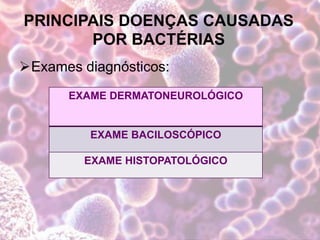PRINCIPAIS DOENÇAS CAUSADAS
POR BACTÉRIAS
Exames diagnósticos:
EXAME DERMATONEUROLÓGICO
EXAME BACILOSCÓPICO
EXAME HISTOPATOLÓGICO
 