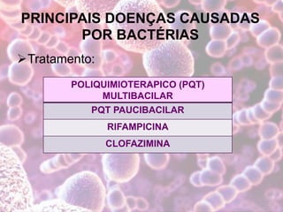 PRINCIPAIS DOENÇAS CAUSADAS
POR BACTÉRIAS
Tratamento:
POLIQUIMIOTERAPICO (PQT)
MULTIBACILAR
PQT PAUCIBACILAR
RIFAMPICINA
CLOFAZIMINA
 