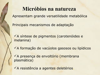 Micróbios na natureza
Apresentam grande versatilidade metabólica
A síntese de pigmentos (carotenóides e
melanina)
A formação de vacúolos gasosos ou lipídicos
A presença de envoltório (membrana
plasmática)
A resistência a agentes deletérios.
Principais mecanismos de adaptação
 