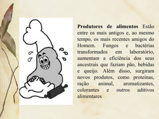 Produtores de alimentos Estão
entre os mais antigos e, ao mesmo
tempo, os mais recentes amigos do
Homem. Fungos e bactérias
transformados em laboratório,
aumentam a eficiência dos seus
ancestrais que faziam pão, bebidas
e queijo. Além disso, surgiram
novos produtos, como proteínas,
ração animal, aromatizantes,
colorantes e outros aditivos
alimentares
 