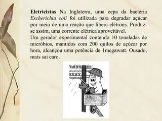 Eletricistas Na Inglaterra, uma cepa da bactéria
Escherichia coli foi utilizada para degradar açúcar
por meio de uma reação que libera elétrons. Produz-
se assim, uma corrente elétrica aproveitável.
Um gerador experimental contendo 10 toneladas de
micróbios, mantidos com 200 quilos de açúcar por
hora, alcançou uma potência de 1megawatt. Ousado,
mais sai caro.
 