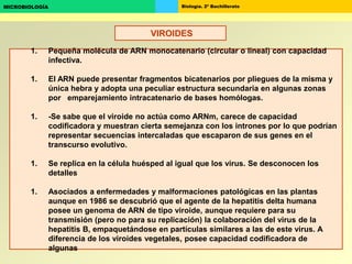 Biología. 2º BachilleratoMICROBIOLOGÍA
VIROIDES
1. Pequeña molécula de ARN monocatenario (circular o lineal) con capacidad
infectiva.
1. El ARN puede presentar fragmentos bicatenarios por pliegues de la misma y
única hebra y adopta una peculiar estructura secundaria en algunas zonas
por emparejamiento intracatenario de bases homólogas.
1. -Se sabe que el viroide no actúa como ARNm, carece de capacidad
codificadora y muestran cierta semejanza con los intrones por lo que podrían
representar secuencias intercaladas que escaparon de sus genes en el
transcurso evolutivo.
1. Se replica en la célula huésped al igual que los virus. Se desconocen los
detalles
1. Asociados a enfermedades y malformaciones patológicas en las plantas
aunque en 1986 se descubrió que el agente de la hepatitis delta humana
posee un genoma de ARN de tipo viroide, aunque requiere para su
transmisión (pero no para su replicación) la colaboración del virus de la
hepatitis B, empaquetándose en partículas similares a las de este virus. A
diferencia de los viroides vegetales, posee capacidad codificadora de
algunas
 