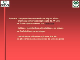 d) outros componentes (ocorrendo em alguns vírus):
- enzimas polimerases: replicação do AN viral
ex. transcriptase reversa nos retrovírus
- lipídeos: fosfolipídeos, glicolipídeos, ác. graxos
ex. fosfolipídeos do envelope
- carboidratos: além dos açúcares dos AN
ex. glicoproteínas nas espículas do vírus da gripe
 