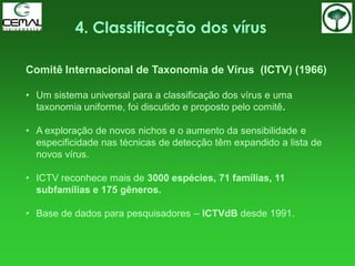4. Classificação dos vírus
Comitê Internacional de Taxonomia de Vírus (ICTV) (1966)
• Um sistema universal para a classificação dos vírus e uma
taxonomia uniforme, foi discutido e proposto pelo comitê.
• A exploração de novos nichos e o aumento da sensibilidade e
especificidade nas técnicas de detecção têm expandido a lista de
novos vírus.
• ICTV reconhece mais de 3000 espécies, 71 famílias, 11
subfamílias e 175 gêneros.
• Base de dados para pesquisadores – ICTVdB desde 1991.
 