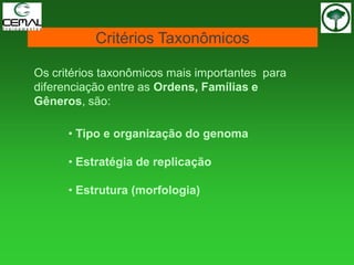 Os critérios taxonômicos mais importantes para
diferenciação entre as Ordens, Famílias e
Gêneros, são:
• Tipo e organização do genoma
• Estratégia de replicação
• Estrutura (morfologia)
Critérios Taxonômicos
 