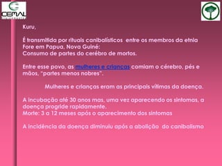 Kuru,
É transmitida por rituais canibalísticos entre os membros da etnia
Fore em Papua, Nova Guiné:
Consumo de partes do cerébro de mortos.
Entre esse povo, as mulheres e crianças comiam o cérebro, pés e
mãos, “partes menos nobres”.
Mulheres e crianças eram as principais vítimas da doença.
A incubação até 30 anos mas, uma vez aparecendo os sintomas, a
doença progride rapidamente.
Morte: 3 a 12 meses após o aparecimento dos sintomas
A incidência da doença diminuiu após a abolição do canibalismo
 